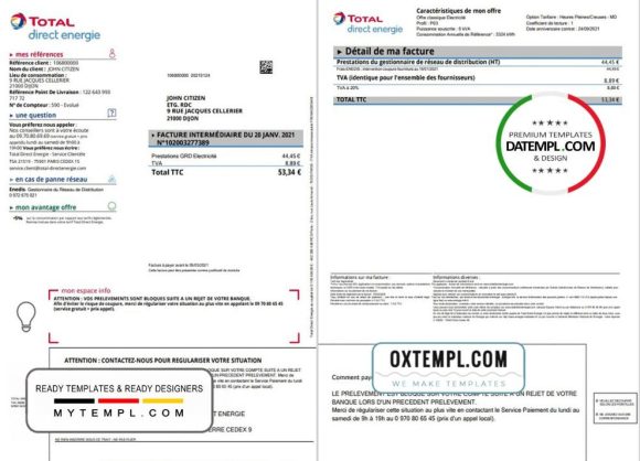 editable template, France Total Direct Energie utility bill template in Word and PDF format