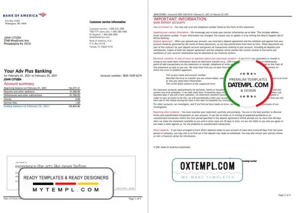 editable template, USA Bank of America bank statement template in Excel and PDF format (4 pages), version 3