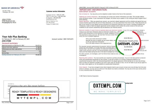 editable template, USA Bank of America bank statement template in Excel and PDF format (4 pages), version 3