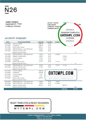 Germany N26 bank statement template in Word and PDF format