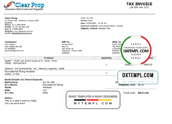 editable template, Australia Clear Prop Discount Pilot & Aircraft Supplies company invoice template in Word and PDF format, fully editable