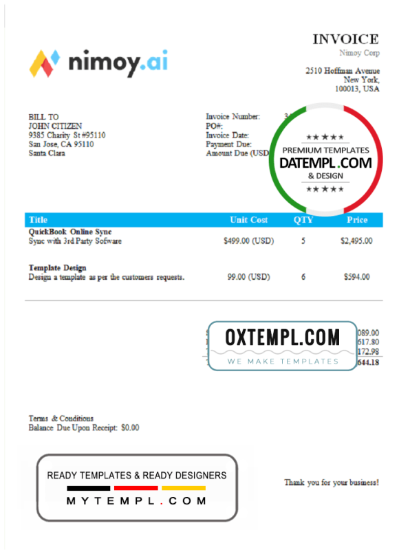 editable template, USA Nimoy Corp invoice template in Word and PDF format, fully editable
