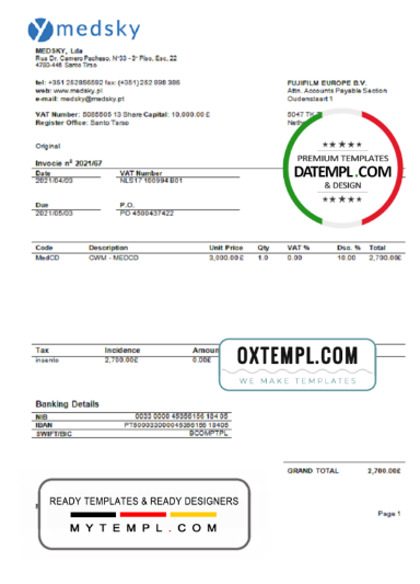 editable template, Portugal Medsky Lda company invoice template in Word and PDF format, fully editable