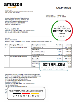 editable template, India Amazon American multinational technology company invoice template in Word and PDF format, fully editable