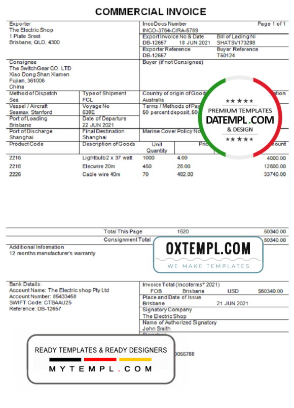 editable template, Australia Commercial Invoice company invoice template in Word and PDF format, fully editable