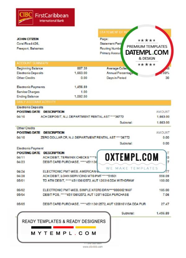 editable template, Bahamas FirstCaribbean International Bank (CIBC) bank statement template in Word and PDF format