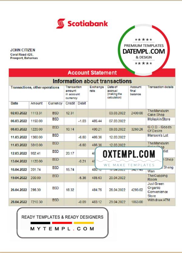 editable template, Bahamas Scotiabank bank statement template in Word and PDF format