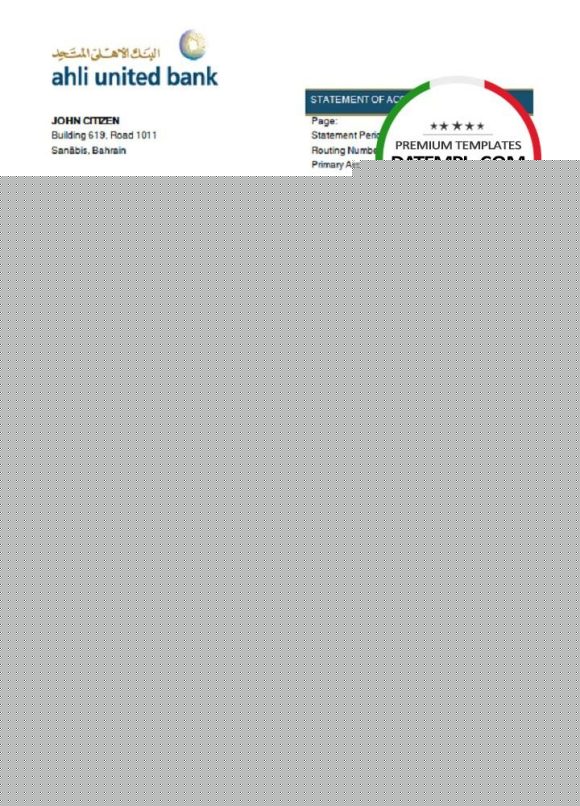 editable template, Bahrain Ahli United Bank statement template in Word and PDF format