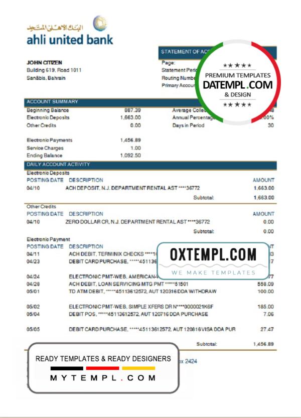 editable template, Bahrain Ahli United Bank statement template in Word and PDF format