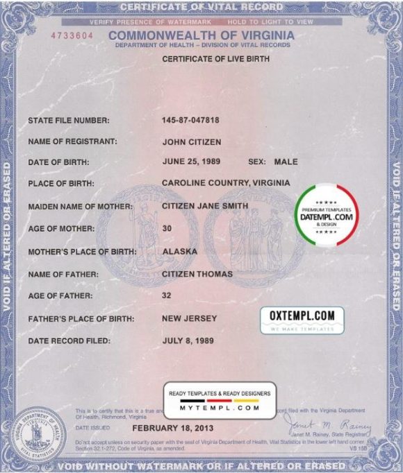 editable template, USA Virginia state birth certificate template in PSD format, fully editable