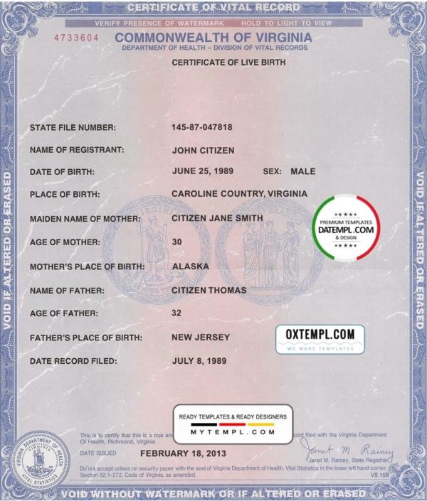 editable template, USA Virginia state birth certificate template in PSD format, fully editable