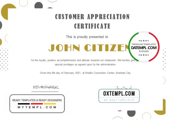 editable template, USA Customer Appreciation Certificate template in Word and PDF format
