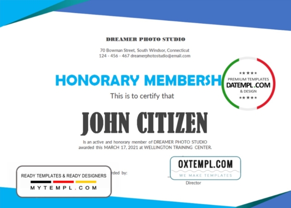 editable template, USA Honorary Membership certificate template in Word and PDF format