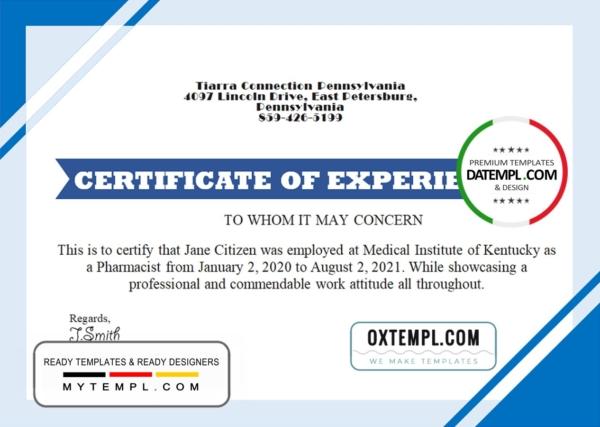 editable template, USA Job Experience certificate template in Word and PDF format, version 2