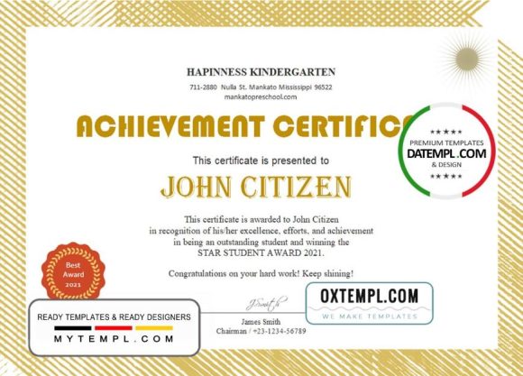 editable template, USA Kindergarten certificate template in Word and PDF format