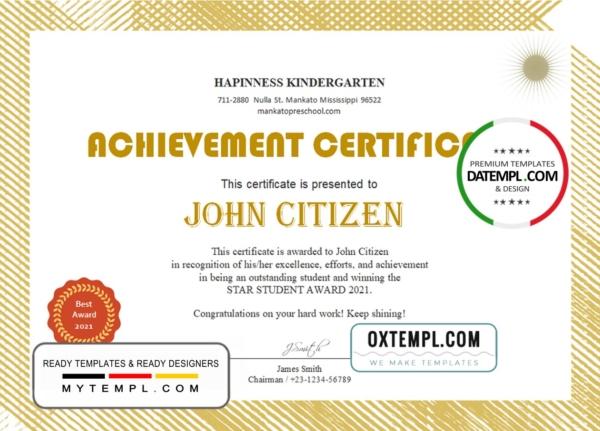 editable template, USA Kindergarten certificate template in Word and PDF format