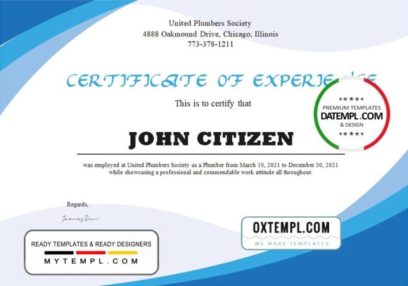 editable template, USA Plumbing Experience certificate template in Word and PDF format