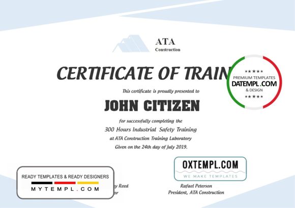 editable template, USA Safety Training certificate template in Word and PDF format