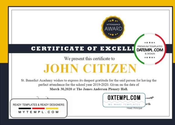 editable template, USA School Attendance certificate template in Word and PDF format
