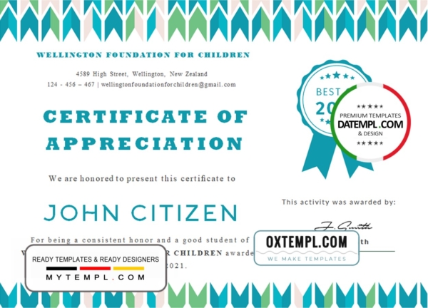 editable template, USA Student Appreciation certificate template in Word and PDF format