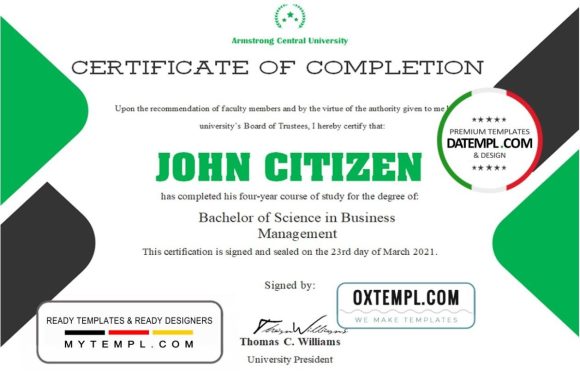 editable template, USA University Completion certificate template in Word and PDF format