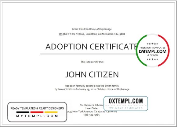 editable template, USA Adoption Certificate template in Word and PDF format