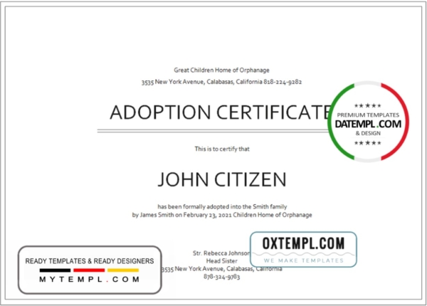 editable template, USA Adoption Certificate template in Word and PDF format