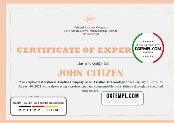 editable template, USA Company Experience Certificate template in Word and PDF format
