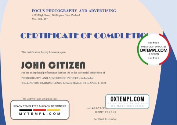 editable template, USA Completion Certificate template in Word and PDF format