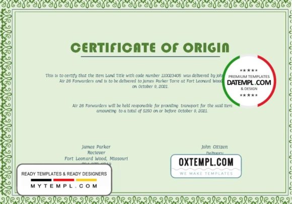 editable template, USA Origin Certificate template in Word and PDF format