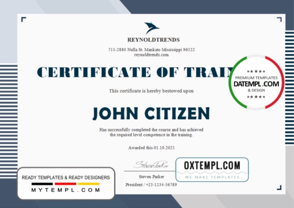 editable template, USA Company Training Certificate template in Word and PDF format