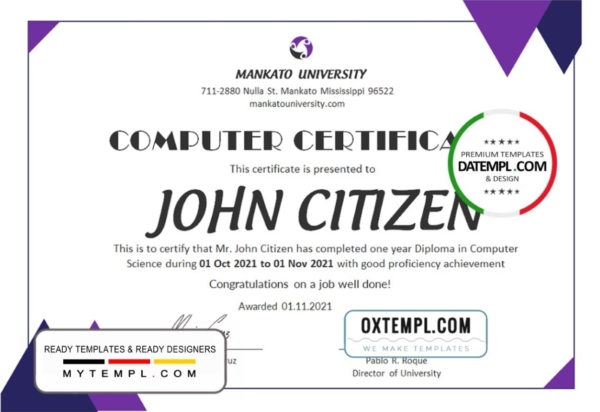 editable template, USA Computer Diploma Certificate template in Word and PDF format