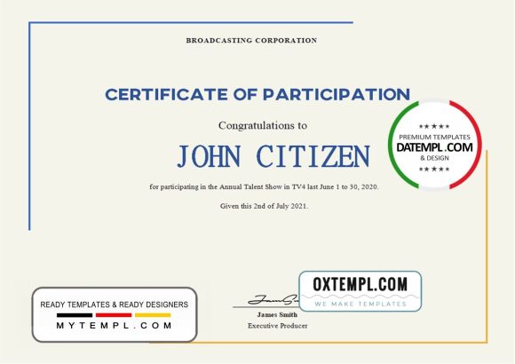 editable template, USA Talent Show Participation certificate template in Word and PDF format