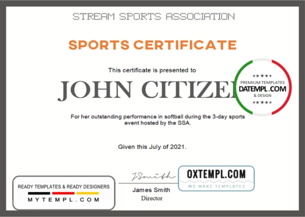 editable template, USA Sports certificate template in Word and PDF format