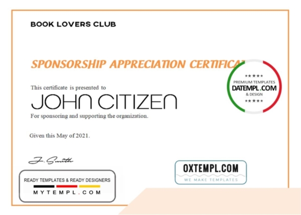editable template, USA Sponsorship Appreciation certificate template in Word and PDF format