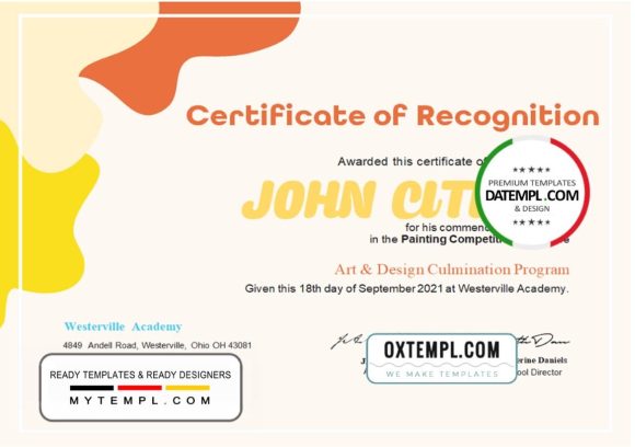 editable template, USA Painting Award certificate template in Word and PDF format