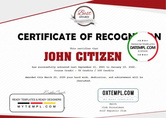 editable template, USA Recognition Certificate template in Word and PDF format, version 2
