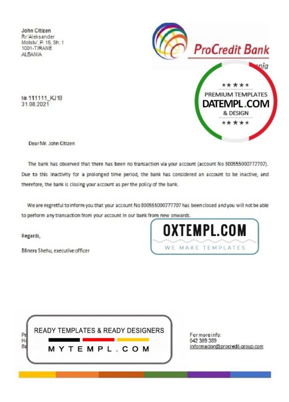 editable template, Albania ProCredit bank account closure reference letter template in Word and PDF format