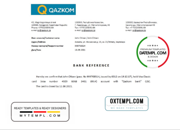 editable template, Kazakhstan Qazkom bank account closure reference letter template in Word and PDF format