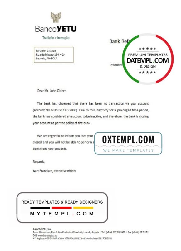 editable template, Angola Banco Yetu bank account closure reference letter template in Word and PDF format
