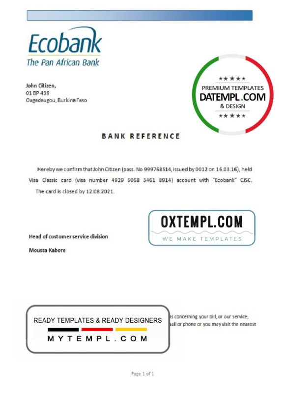 editable template, Burkina Faso Ecobank bank account closure reference letter template in Word and PDF format