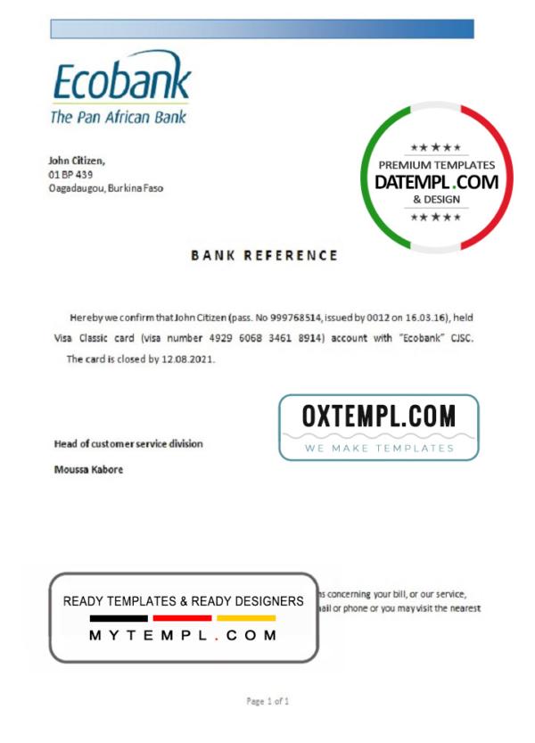 editable template, Burkina Faso Ecobank bank account closure reference letter template in Word and PDF format