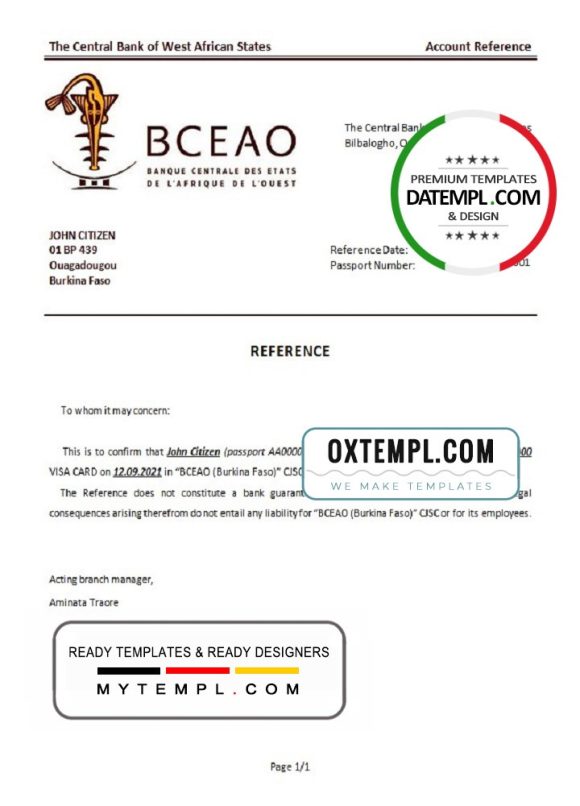 editable template, Burkina Faso The Central Bank of West African States bank account closure reference letter template in Word and PDF format