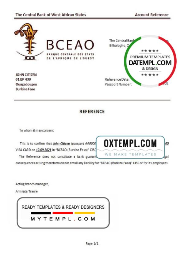 editable template, Burkina Faso The Central Bank of West African States bank account closure reference letter template in Word and PDF format