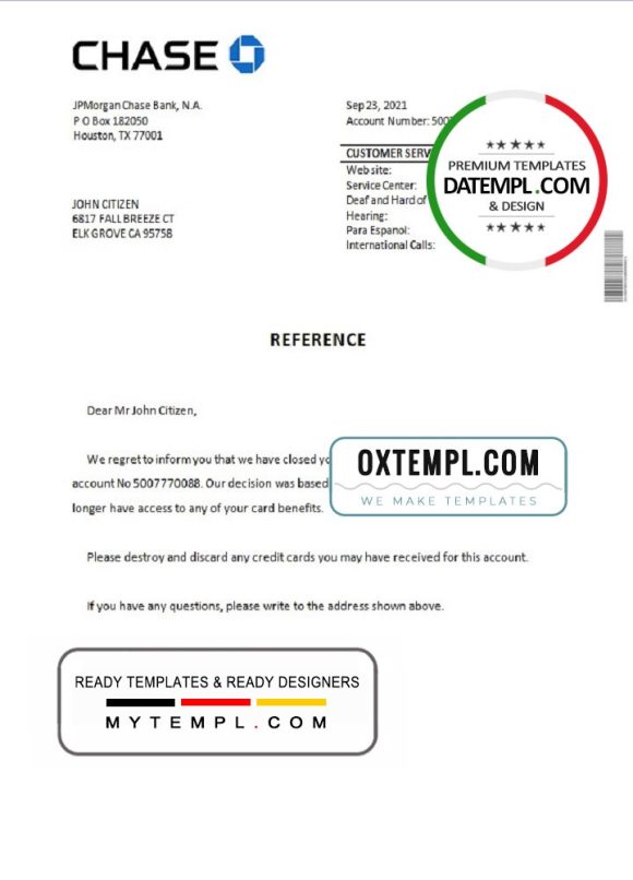 editable template, USA Chase bank account closure reference letter template in Word and PDF format
