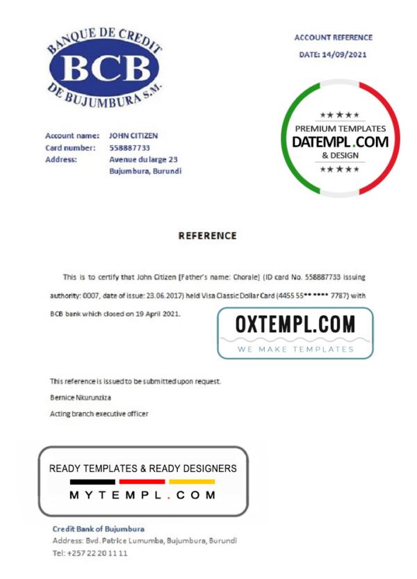 editable template, Burundi Credit Bank of Bujumbura bank account closure reference letter template in Word and PDF format