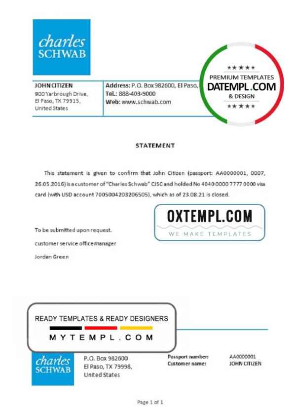 editable template, USA Charles Schwab bank account closure reference letter template in Word and PDF format
