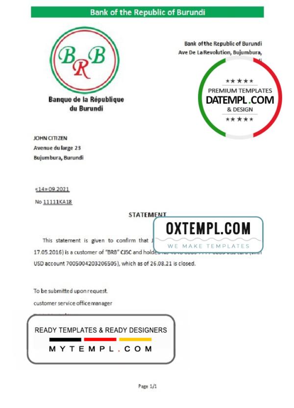 editable template, Burundi The Republic Bank of Burundi bank account closure reference letter template in Word and PDF format