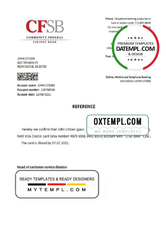 editable template, USA CFSB bank account closure reference letter template in Word and PDF format