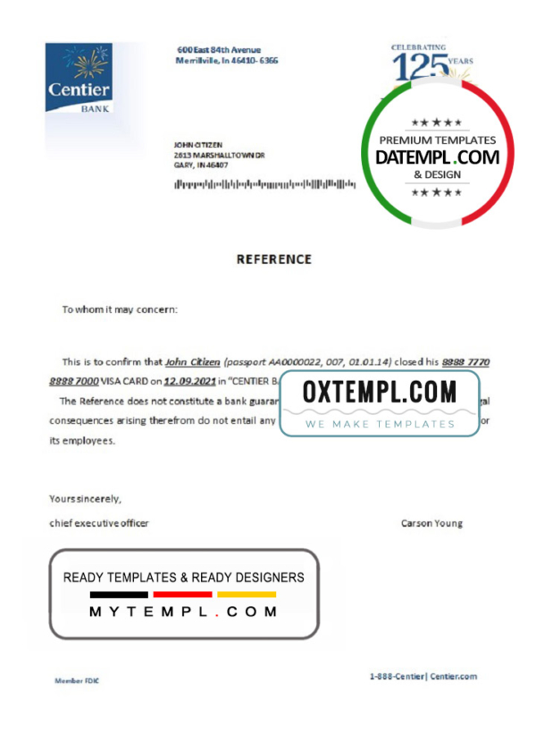 editable template, USA Centier Bank bank account closure reference letter template in Word and PDF format